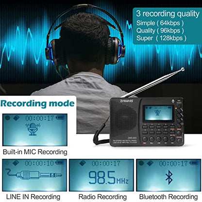 ZHIWHIS Portable Bluetooth Radio, FM AM Shortwave Radios with Sleep Timer and Preset Function, Rechargeable Digital Recorder, Stereo MP3 Player with Lyric Display, Support Micro SD Card and AUX - style: ZWS-603 (white backlight)