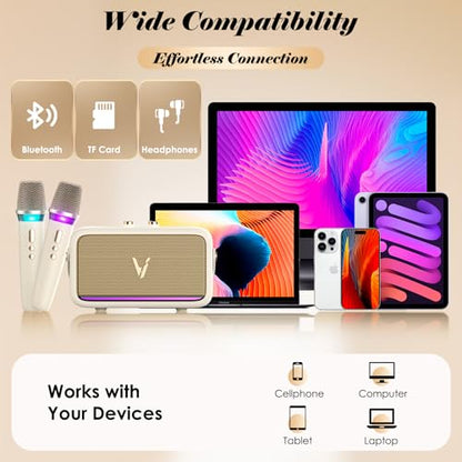 Karaoke Machine with 2 Wireless Mics & Soft Leather Wrap |mini Portable Bluetooth Speaker with 5 Voice Changer Modes for Home Party, AUX/USB/TF Support, for Kids and Adults
