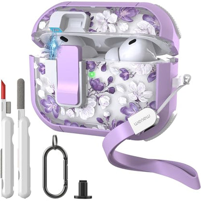 WENEW for AirPods Pro 3 Case (2025) Cover Secure Lock Automatic Snap Switch Clip Cleaner Kit Lanyard Women Stylish Flower Hard Shell Full Body Front LED Visible (Purple Flower, AirPods Pro 3) - color: Purple flower, size: AirPods Pro 3