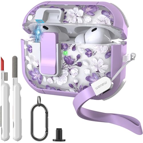WENEW for AirPods Pro 3 Case (2025) Cover Secure Lock Automatic Snap Switch Clip Cleaner Kit Lanyard Women Stylish Flower Hard Shell Full Body Front LED Visible (Purple Flower, AirPods Pro 3) - color: Purple flower, size: AirPods Pro 3