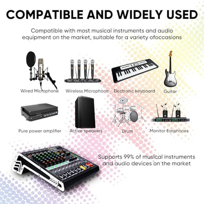 W IN-MIX 6 Channel Audio Mixer with Bluetooth, USB MP3 Player, 48V Phantom Power for Studio Recording, Live Performance, Karaoke, Podcast