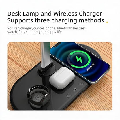 IHAO 3in1 Wireless Charging Eye-Care Desk Lamp 15W Fast Charging Station for Phone, Smartwatch & Earbuds, Touch Control Dimmable LED Light Adjustable Gooseneck, Modern Office Table Lamp-HYT2096 Black - color: Table Lamp 3in1 wireless charger HYT2096 Black
