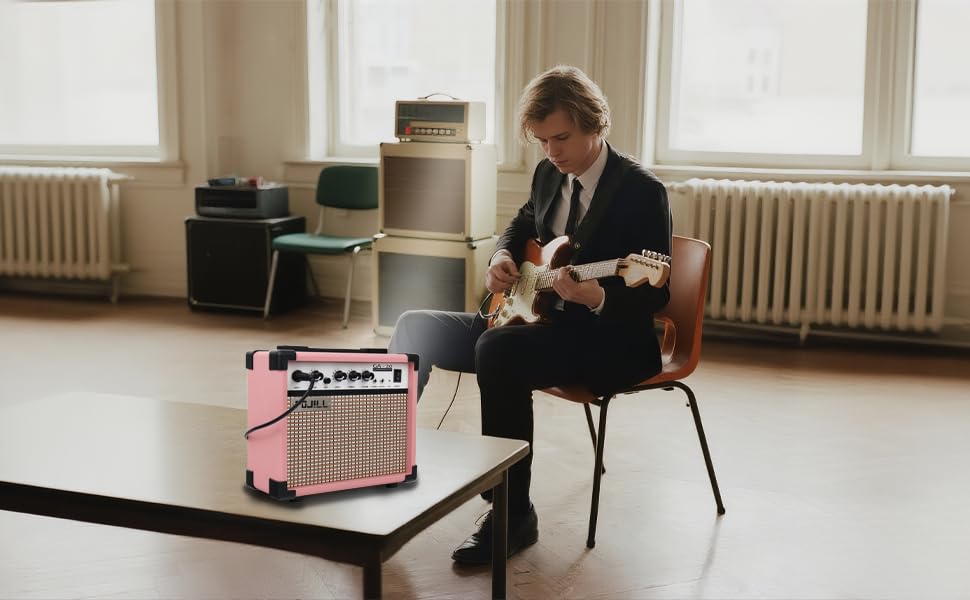 Fojill 20W Watt Electric Guitar Amplifier Amp Practice Small Portable Travel Mini Amp with 3.5 Headphone Jack Aux Distortion Gain Treble Bass Volume (Pink, 20W) - color: Pink
