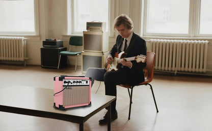 Fojill 20W Watt Electric Guitar Amplifier Amp Practice Small Portable Travel Mini Amp with 3.5 Headphone Jack Aux Distortion Gain Treble Bass Volume (Pink, 20W) - color: Pink