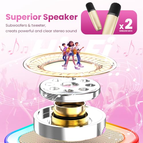 Mini Karaoke Machine, Portable Bluetooth Speaker & 2 Wireless Microphones | Karaoke Player Karaoke Microphone For Family Home Party Outdoor With HI-FI Sound | 5 Magic Sound | PA System | USB | TF | AUX - color: Gold
