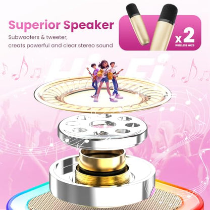 Mini Karaoke Machine, Portable Bluetooth Speaker & 2 Wireless Microphones | Karaoke Player Karaoke Microphone For Family Home Party Outdoor With HI-FI Sound | 5 Magic Sound | PA System | USB | TF | AUX - color: Gold