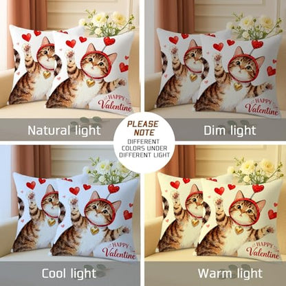 Cat Throw Pillow Covers Set of 2, Playful Fanciful Hearts Red Headband Valentine Red Soft Velvet Washable Decorative Pillow Cases for Home Bedroom Living Room Sofa Couch Decor 24x24 Inch - size: 24" x 24" (Pack of 2)