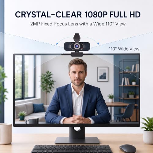 1080P Webcam for PC & Laptop with Microphone — Stay Connected | Plug and Play No Driver, Crystal Clear Video Auto Lighting, Privacy Physically Protected, Mount It Anywhere in Seconds - color: Black