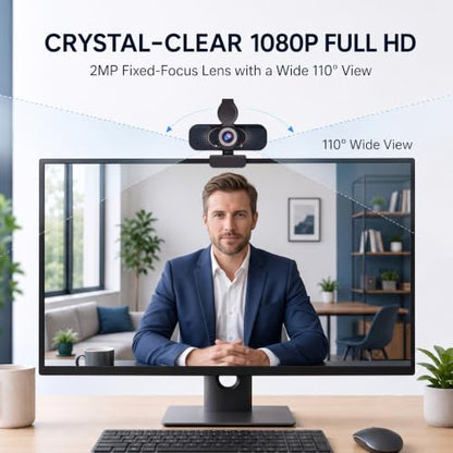1080P Webcam for PC & Laptop with Microphone — Stay Connected | Plug and Play No Driver, Crystal Clear Video Auto Lighting, Privacy Physically Protected, Mount It Anywhere in Seconds - color: Black