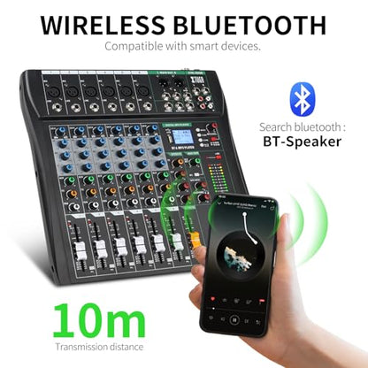 XTUGA 6 Channel Audio Mixer,Professional Digital Sound Board DJ Mixer(CT60) | 48V Phantom Digital Effect,3-band EQ,Bluetooth DJ Mixing Console System,Sound Mixer for PC Podcast Studio Streaming Recording
