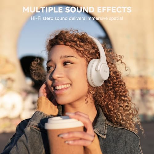 KVIDIO Bluetooth Headphones Over Ear, 65 Hours Wireless Headphones with Mic, Low Latency Foldable Lightweight Headset with Deep Bass, HiFi Stereo Sound Headphones for School Work Cellphone Sports - color: Beige