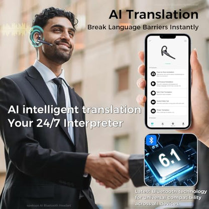 AI Bluetooth Headset Wireless Bluetooth Headphone Earphone Earpiece with Translation, Noise Cancelling, Last 72H, Single-Ear Earbuds with Microphone, for Phone/PC/Laptop, Daily/Office/Trucker