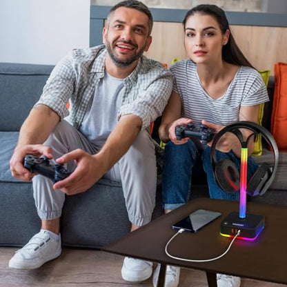 RGB Headphone Stand with Charger 3 USB Ports and 2 AC Outlets,2 USB-A 1 Type C,Desk Gaming Headset Holder with 9 Light Modes,PC Gaming Desk Accessories,Gamer Gifts,RGB Gaming Stuff Headset Stand | 9 Light Modes:7 Static & 3 RGB Dynamic Lights; 2 AC,2 USB-