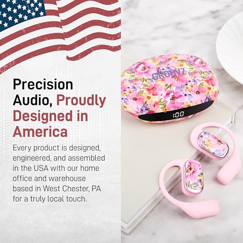 Groovz Open-Ear Plus True Wireless Headphones with Battery Display - Designed & Engineered in the USA - Multi-Point Pairing Bluetooth Open Ear Earbuds Compatible with Apple & Android - Floral - color: Floral