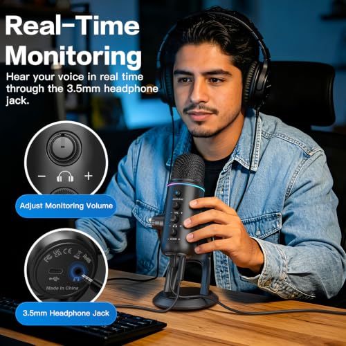 ZealSound Podcast Microphone, Noise Cancellation USB Mic with Gain, Volume & Mute Control, Zero-Latency Monitoring, Echo & RGB Lighting, for YouTube TikTok Podcasting Gaming PC iPhone iPad Android Mac
