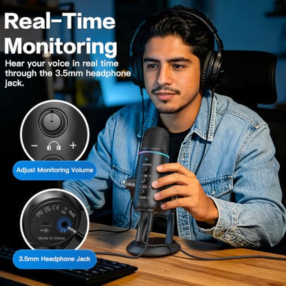 ZealSound Podcast Microphone, Noise Cancellation USB Mic with Gain, Volume & Mute Control, Zero-Latency Monitoring, Echo & RGB Lighting, for YouTube TikTok Podcasting Gaming PC iPhone iPad Android Mac