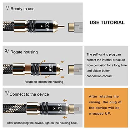 SKW Audiophile Series 6.5ft/2m Locking 2RCA Cable, Secure-Fit Connection | Heavy-duty 10mm noise-damping jacket, 24K gold-plated locking plugs, low-loss signal path, high-end turntables and preamps - color: Black-lock, size: 6.5ft (2m)