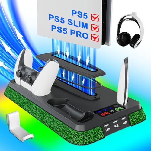 PS5 Stand and Cooling Station with RGB Light, Controller Charging Station, 3-Speed Cooling Fan, Multi-Functional Accessories Kit Compatible with PlayStation 5, PS5 Pro Console - color: Boom-black