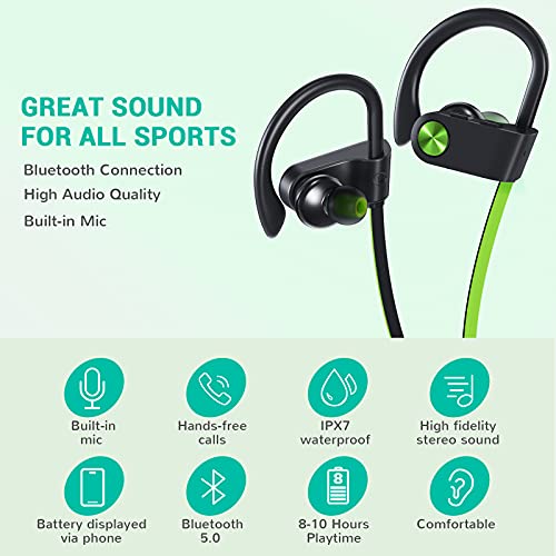 Fitniv Bluetooth Headphones, IPX7 Waterproof Wireless Sport Earbuds in-Ear, HiFi Bass Stereo Running Headphones with Noise Canceling Mic for Workout Fitness Gym, Up to 10 Hours Playtime, GreenBlack