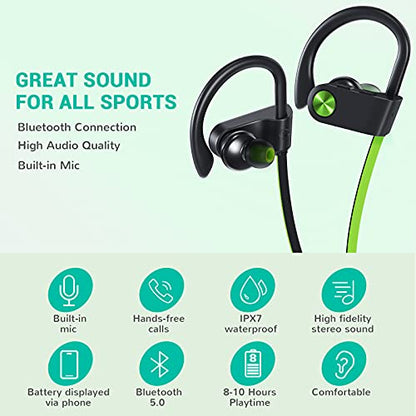 Fitniv Bluetooth Headphones, IPX7 Waterproof Wireless Sport Earbuds in-Ear, HiFi Bass Stereo Running Headphones with Noise Canceling Mic for Workout Fitness Gym, Up to 10 Hours Playtime, GreenBlack