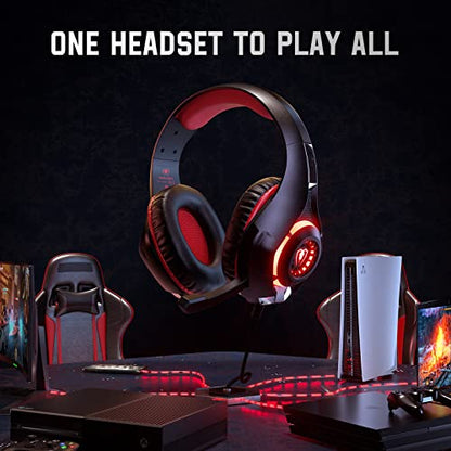 Tatybo Gaming Headset for PS5 PC, Noise Canceling Mic, RGB, Black Red | Over Ear, Deep Bass Stereo Sound for FPS, Battle Royale, Lightweight for Xbox, PS4, Mobile, Nintendo, 3.5mm Devices - color: Black Red