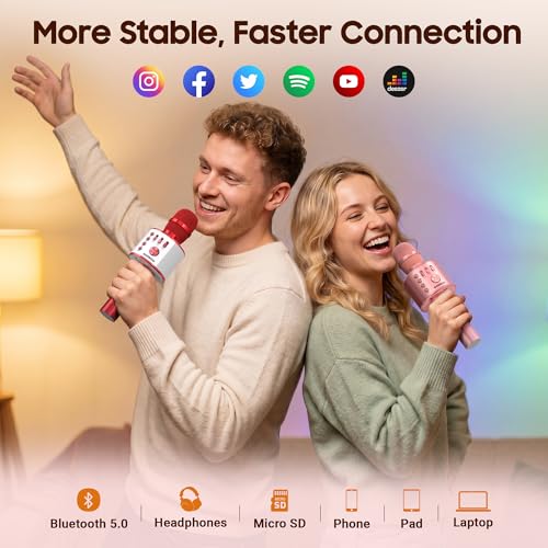 BONAOK Bluetooth Karaoke Microphone, Portable Mic for Adults Kids | Bluetooth 5.0, Echo Mode,Built-in Speaker, SD Card, for iPhone iPad, Handheld,Home Karaoke,Party,Gifts - color: Red