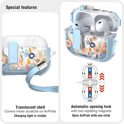 WENEW for AirPods Pro 3 Case (2025) Cover Secure Lock Automatic Snap Switch Clip Cleaner Kit Lanyard Women Stylish Flower Hard Shell Full Body Front LED Visible (Blue, AirPods Pro 3) - color: Blue, size: AirPods Pro 3