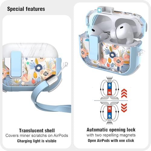 WENEW for AirPods Pro 3 Case (2025) Cover Secure Lock Automatic Snap Switch Clip Cleaner Kit Lanyard Women Stylish Flower Hard Shell Full Body Front LED Visible (Blue, AirPods Pro 3) - color: Blue, size: AirPods Pro 3