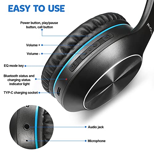 Rydohi Bluetooth Headphones Over Ear, 68H Playtime 3 EQ Music Modes Wireless Headphones with Microphone/Deep Bass, Foldable Lightweight Headset for PC Home Travel Office(Black Blue) - color: Black Blue
