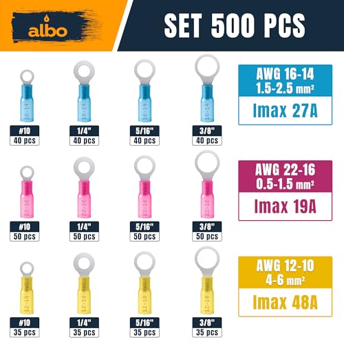 ALBO 500PCS Heat Shrink Ring Terminal Kit – Wire Terminal Connectors Assortment for 22-10 AWG, Waterproof Electrical Connectors Set – Tinned Copper Electrical Ring Terminals | Closed-Ring Design Helps Prevent Pull-Off, Loose Wiring and Connection Failure