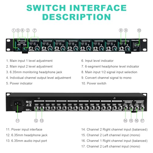 8-Channel Headphone Mixing Distribution Amplifier, Mountable High-Power Headphone Splitter Amp with Mono/Stereo Modes, 16 Headphone Outs, LED Meters for Studio & Live Sound Monitoring