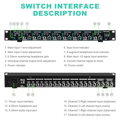 8-Channel Headphone Mixing Distribution Amplifier, Mountable High-Power Headphone Splitter Amp with Mono/Stereo Modes, 16 Headphone Outs, LED Meters for Studio & Live Sound Monitoring