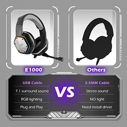 EKSA E1000 USB Gaming Headset for PC, Computer Headphones with Microphone/Mic Noise Cancelling, 7.1 Surround Sound, RGB Light - Wired Headphones for PS4, PS5 Console, Laptop, Call Center - color: RGB