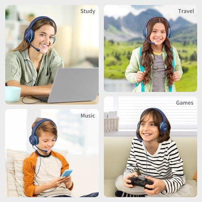 SIMOLIO Wired Headphones for School with Microphone, Stereo Kids Headphone with Flexible Swivel Boom Mic for Student K12 & Teacher & E-Learning, 3 Levels Volume Limiter Gaming Headsets for Boys, Girls - color: Pink & Blue