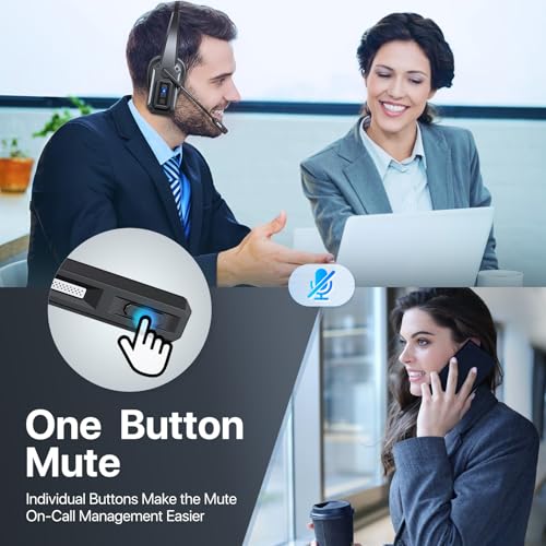 Trucker Bluetooth Headset with Mic, Wireless Headset for Work with Mute Button, 60H Battery, Over Ear Bluetooth Headset for Truck Driver, Office, Laptop, Cell Phone, Black