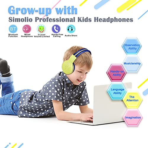 SIMOLIO 2Pack Wireless Kids Headphones with Share Port, Bluetooth 6.0 w/Mic | 75/85/94dB Volume Limit, Durable & Foldable Stero Headsets w/Travel Case for School iPad Tablet Toddler Teens, USB C Charging - color: Mint & Yellow