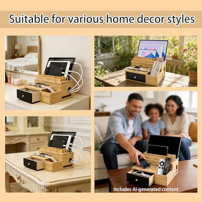 Bamboo Charging Station Organizer with Drawer and Pen Holder | Charging Stand Rack for Multi-Devices, Cable Organizer Box, Bedside Dock Stand Holder (Include 5 Cables)(No Power Adapter)