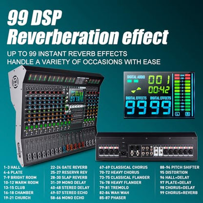 MD-14 14-Channel large-scale Professional Stage DJ Audio Mixer | 99 DSP Effects, LED Display, 48V Power, 9-Band EQ, Bluetooth & USB Playback , Noise Reductio, for Studio, Bar DJ
