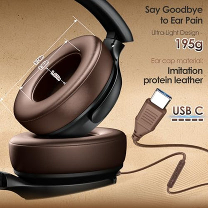 INFURTURE USB C Wired Headphones, Active Noise Canceling Over Ear HD MIC | Brown Headphones,Stereo Sound,Foldable & Portable for School/Travel,Compatible with iPhone,Laptop,Samsung,Adults/Teens Gift - color: Brown