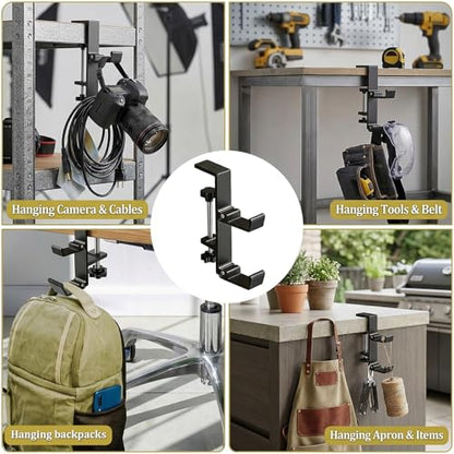 Heavy Duty Desk Hook Clamp, Headphone Stand, Backpack Hanger with Adjustment, No Drill Purse Hook for Table for Office, Computer, Student Class Desk, Handmade Creator Table