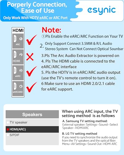 eSynic Professional 192KHZ eARC & ARC Audio Extractor-3.5mm AUX or L/R Out | USB Powered-From HDTV ARC or eARC Port to 3.5MM & L/R Audio Speaker-Setup PCM Audio Format Out & CEC is Enabled on your TV - style: eARC/ARC to RCA