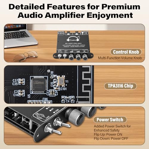 Daakro ZK-1002T PRO 2.0 Channel Bluetooth 5.3 Amplifier Board 200W HiFi Audio AMP with Treble and Bass, TWS,BT USB and AUX Inputs, DC 12-24V 2.0 Channel Stereo AMP Module for DIY Speakers - color: ZK-1002TPRO
