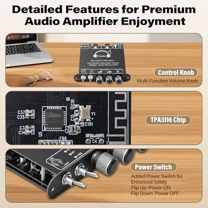 Daakro ZK-1002T PRO 2.0 Channel Bluetooth 5.3 Amplifier Board 200W HiFi Audio AMP with Treble and Bass, TWS,BT USB and AUX Inputs, DC 12-24V 2.0 Channel Stereo AMP Module for DIY Speakers - color: ZK-1002TPRO