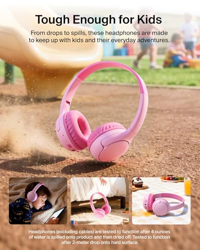 Belkin SoundForm Mini 2 Bluetooth Kids Headphones, On Ear, 55H Battery Life | Toddler headphones, 85dB Volume Limit, Built-in Mic, Wired Connection Option, iPad, Android Tablet, School, Travel - color: Pink