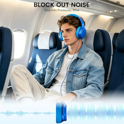 USB C Wired Over-Ear Headphones with Microphone | Volume Control, Share Port, Adjustable Headband Foldable Stereo Headset for Adult/Teens for iPhone 16, Laptop, Gaming, Travel - color: Sky Blue