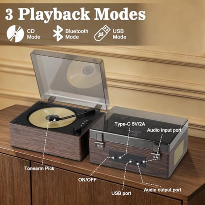 Walnut Wood Grain CD Player with Bluetooth 5.3 - Retro Desktop Music Player, Dual HI-FI Speakers, Remote Control, 2-Year Warranty for Home & Gift - color: Brown