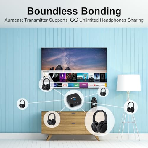 JM320 Wireless TV Headphones with BA210 v2 Auracast Transmitter | 2 Headphones Share 1 Transmitter | Plug & Play | LE Audio, <40ms Latency | Up to 300ft | 60-Hour Battery | Optical, AUX & RCA - style: 2 Headphones 1 Transmitter