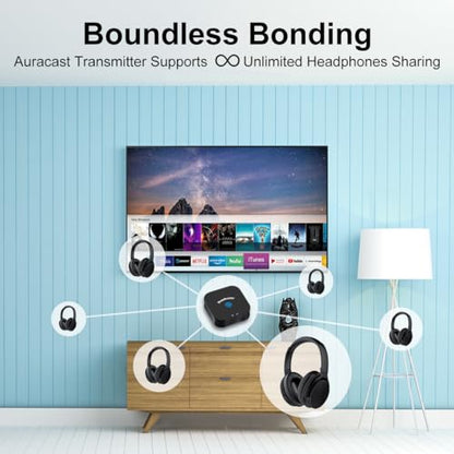 JM320 Wireless TV Headphones with BA210 v2 Auracast Transmitter | 2 Headphones Share 1 Transmitter | Plug & Play | LE Audio, <40ms Latency | Up to 300ft | 60-Hour Battery | Optical, AUX & RCA - style: 2 Headphones 1 Transmitter