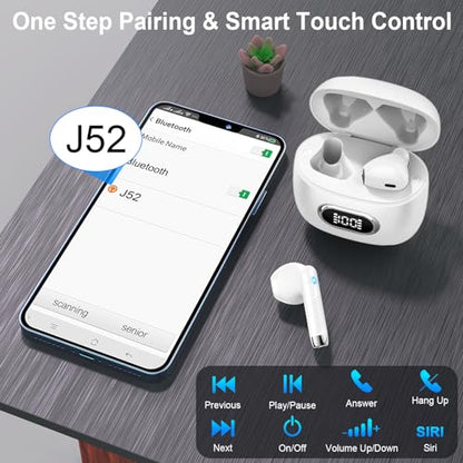 Wireless Earbuds, Bluetooth Headphones, Stereo Bass Ear Buds with ENC Noise Cancelling Mics,42H Bluetooth Earbuds with LED Display Charging Case, IP7 Waterproof Earphones for Android iOS/Glass white - color: Glass white