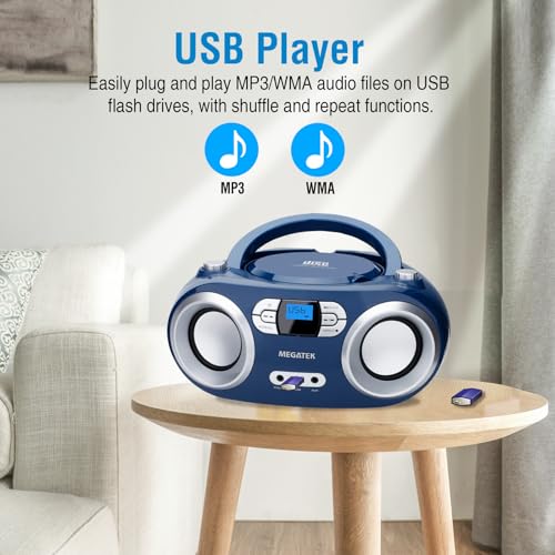 MEGATEK Portable CD Player Boombox with Bluetooth & FM Radio – Blue Jay | USB Playback, Clear Stereo Sound, AUX Input, Headphone Jack, CD-R/RW & MP3-CD Support, LCD Display, AC/Battery Powered - color: Blue Jay